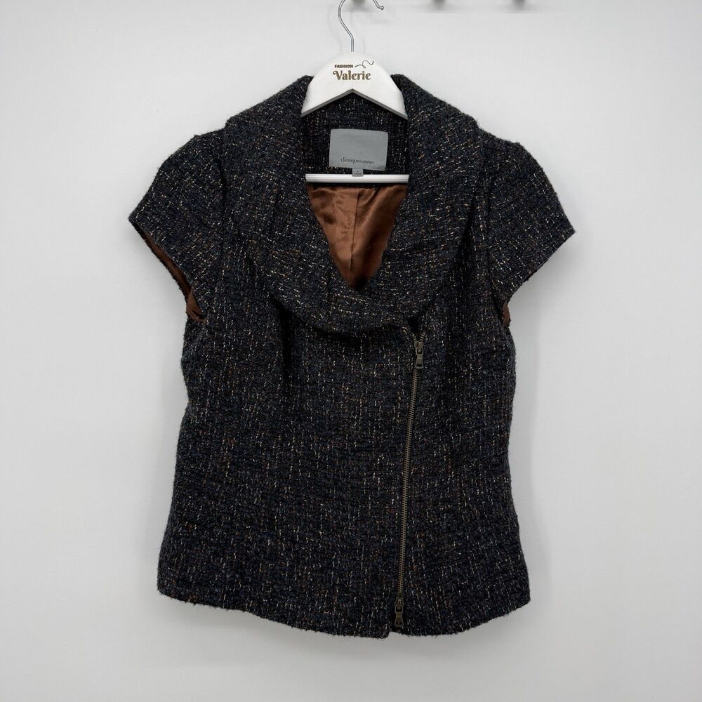 Classique Entier Tweed Knit Short Sleeve Blazer Jacket Y2k Style Size Small